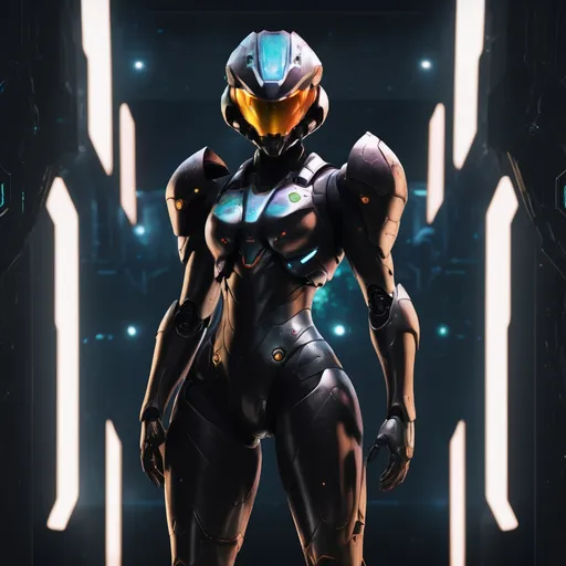 Prompt: organic living bio-armor with serrated edges, hunter killer super soldier a black iridescent ablative armor, [black star-field background], feminine, samus