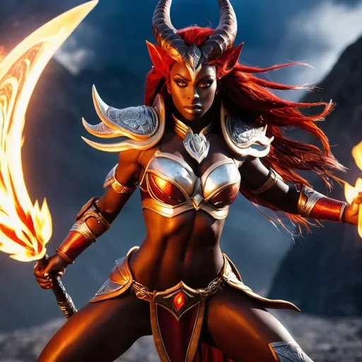 Prompt: female, {wide nasal bridge}, long bestial hair, {feral}, muscular, {red skin}, {alien}, {large eyes}, warrior, perfect face, perfect body, (radiating energy), (blazing), (fire deity), (wide angle), (epic) , (battle pose), (perfect eyes), (dark skin)
