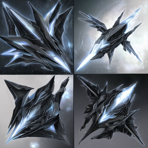 Prompt: organic arrow head shaped living bio-space ship, serrated edges, hunter killer ship, black iridescent ablative armor, [black star-field background]