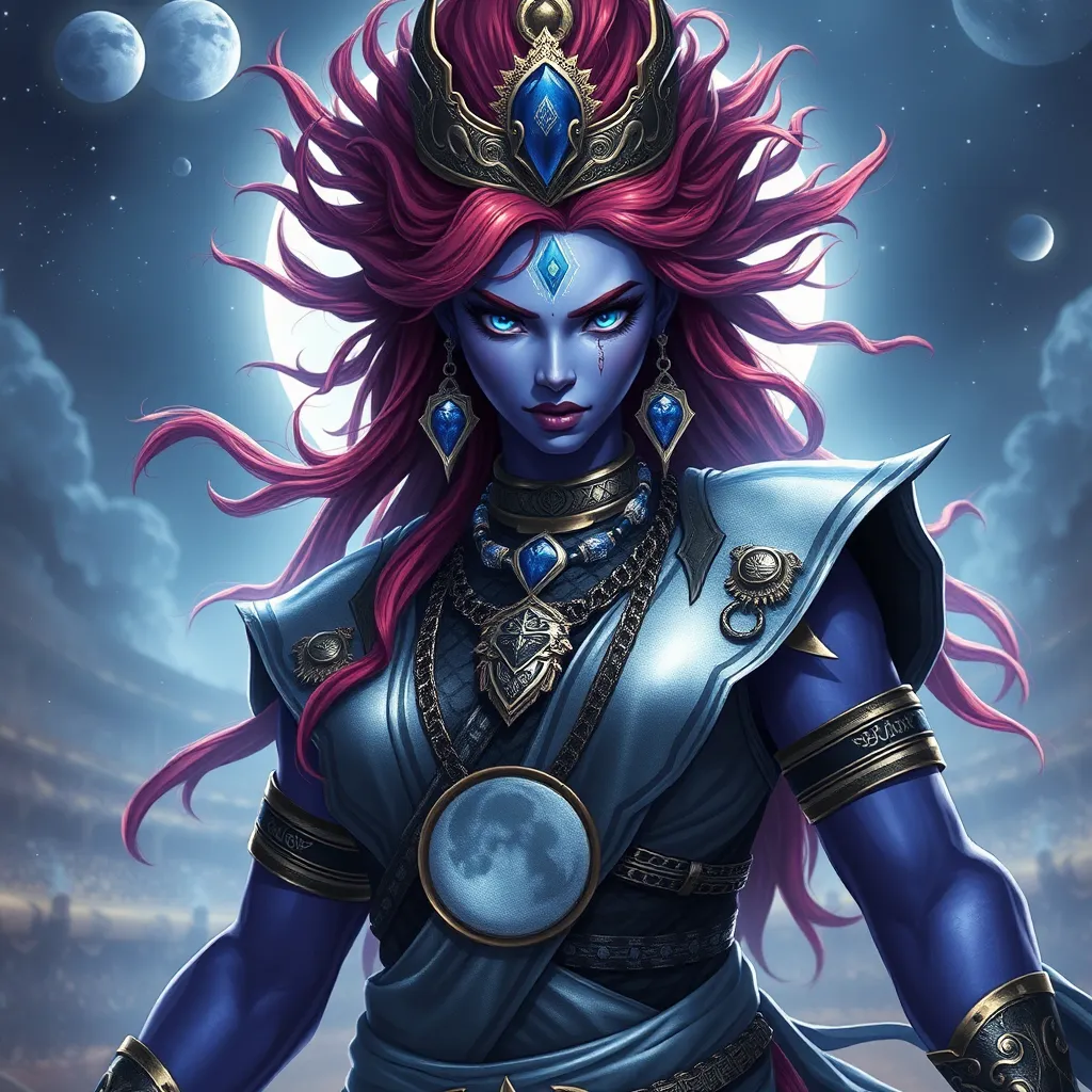 Prompt: Generate an realistic image of a fierce and powerful female royal character with lilac skin, inspired by the Hindu goddess themes. Deva. She has wild sunset flair colored  hair,  and piercing sapphire blue eyes that radiate strength and wisdom. She is dressed in silver, black, and blue robes with a moon motif, ensure that her features also reflect modern beauty standards—symmetrical heart shaped face, full lips, narrow brows, long lashes, and narrow defined jaw. She wears a blend of traditional attire like a sari, but with a modern twist that makes her appearance contemporary yet still mystical. Her pose is dynamic, showing strength and grace, with a backdrop of a cosmic battlefield, symbolizing her warrior nature, but incorporating soft elements like moonlight that add a touch of beauty and divinity.