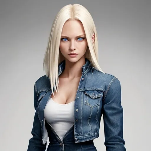 Prompt: Confident 20 year women with a sleek platinum-blonde long-layered haircut, striking blue eyes, and a large forehead. She has sharp, angular facial features, narrow jaw, and symmetric features. She is wearing a stylish denim jacket and blue jeans. He has powerful athletic build, exuding strength. Her posture is strong and composed, exuding a sense of strength and self-assuredness