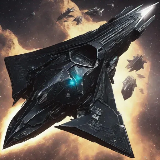 Prompt: organic arrow head shaped living bio-space ship with serrated edges, hunter killer ship covered in a black iridescent ablative armor, [black star-field background]