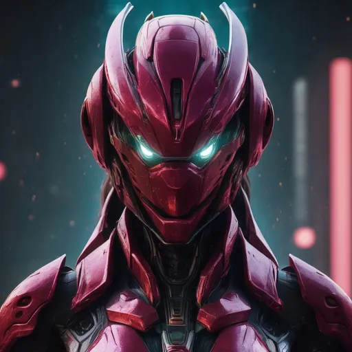 Prompt: Portrait (((symmetrical)) of an organic  living bio-armor with serrated edges, hunter killer super soldier in a crimson iridescent ablative armor, [star-field background], feminine, power suit, predator, tendril hair,  (wide view), epic, cinematic, panned out view, zoomed out
