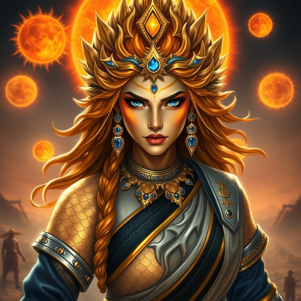 Prompt: Generate an realistic image of a fierce and powerful female imperial character with golden scales, inspired by the Hindu goddess themes. She has wild glowing flaming golden sunset colored  hair,  and piercing sapphire blue eyes that radiate strength and wisdom. She is dressed in silver, black, and blue robes with a solar motif, ensure that her features also reflect modern beauty standards—symmetrical heart shaped face, full lips, narrow brows, long lashes, and narrow defined jaw. She wears a blend of traditional attire like a sari, but with a modern twist that makes her appearance contemporary yet still mystical. Her pose is dynamic, showing strength and grace, with a backdrop of a cosmic battlefield, symbolizing her warrior nature, but incorporating desert elements like raging suns that add a touch of beauty and divinity.