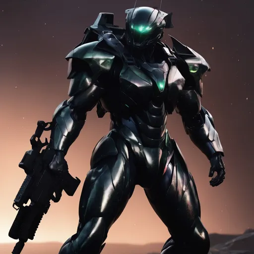Prompt: organic living bio-armor with serrated edges, hunter killer super soldier a black iridescent ablative armor, [black star-field background]