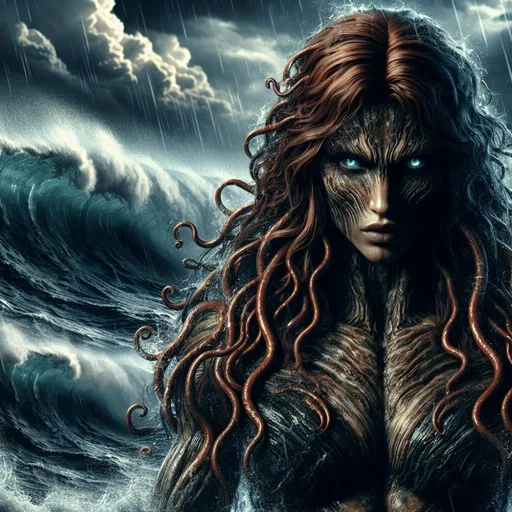 Prompt: Female monster, goddess from the sea with a muscular body and tendrils. 