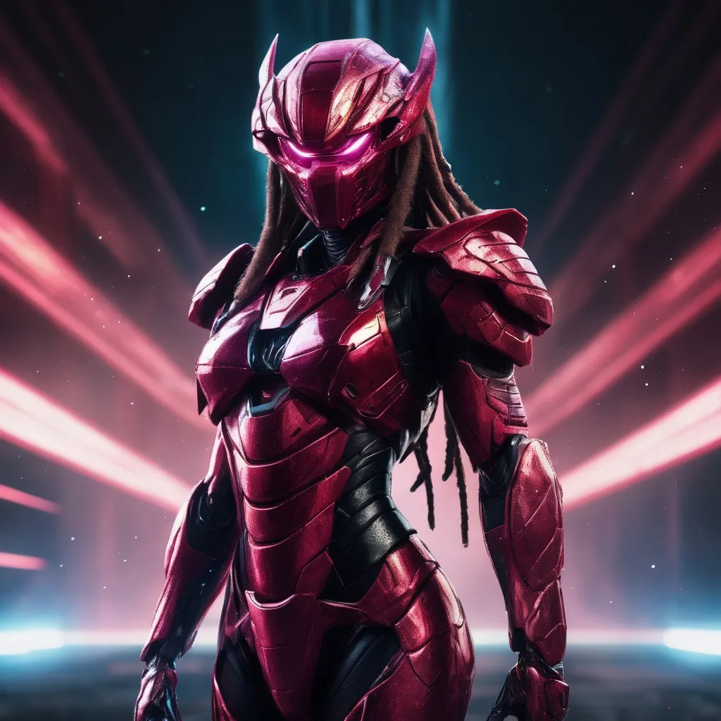 Prompt: Portrait (((symmetrical)) of an organic  living bio-armor with serrated edges, hunter killer super soldier in a crimson iridescent ablative armor, [star-field background], feminine, power suit, predator, (metallic dreadlocks), (wide view), epic, (((cinematic))), panned out view, zoomed out
