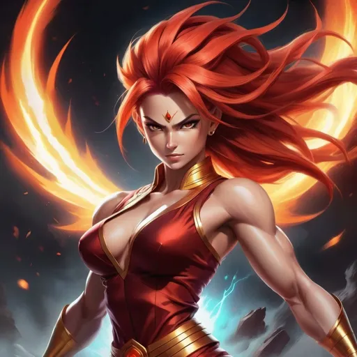 Prompt: Confident female super-Saiyan god with a sleek glowing-red long-layered haircut, and  striking brown eyes.  Flying in the air over a raging battle field. Powerful electric aura. hourglass figure. Perfect face. She has powerful athletic build. Her posture is strong and composed, exuding a sense of strength and self-assuredness.  She wears a blend of traditional attire like a sari, but with a modern twist that makes her appearance contemporary yet still mystical.