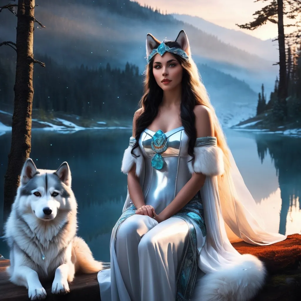 Prompt: crystal wolf girl, husky, perfect, wolf goddess