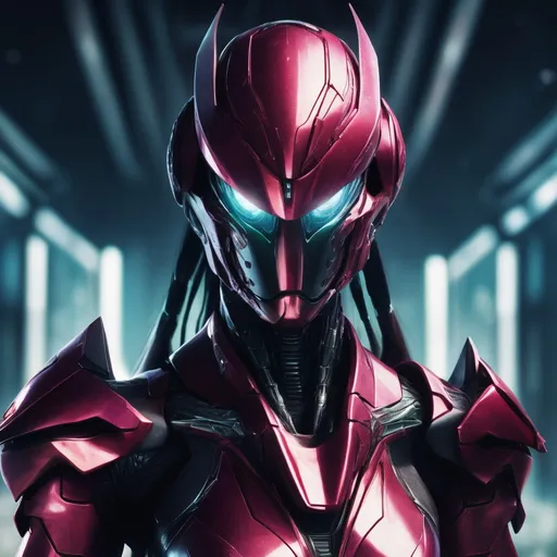 Prompt: Portrait (((symmetrical)) of an organic  living bio-armor with serrated edges, hunter killer super soldier in a crimson iridescent ablative armor, [star-field background], feminine, power suit, predator, (wide view), epic, (((cinematic))), panned out view, zoomed out, cybernetic angel 
