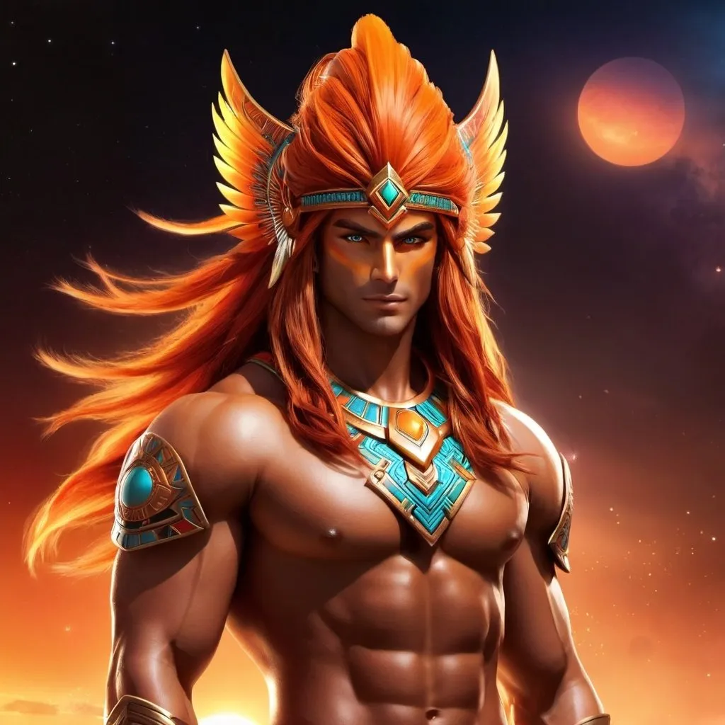 Prompt: male, {wide nasal bridge}, long bestial hair, {feral}, muscular, {orange skin}, {alien}, {large eyes}, noble warrior, perfect face, perfect body, (radiating energy),(wide angle), (epic) , (battle pose), (perfect eyes), (tan skin), {aztec}, {crimson hair}