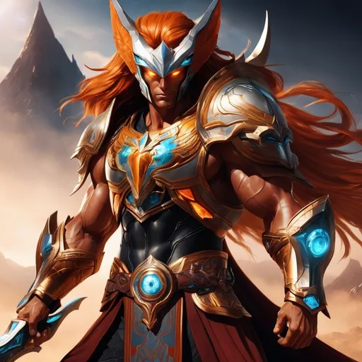 Prompt: male, {wide nasal bridge}, long bestial hair, {feral}, muscular, {orange skin}, {alien}, {large eyes}, noble warrior, perfect face, perfect body, (radiating energy),(wide angle), (epic) , (battle pose), (perfect eyes), (tan skin), {nordic}, {crimson hair}