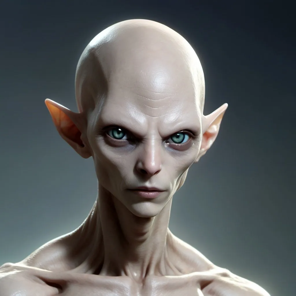 Prompt: humanoid, male, wide nasal bridge, no hair, (feral), muscular, not masculine, pale skin alien, large eyes