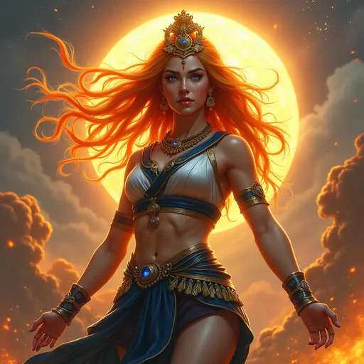 Prompt: Generate an realistic image of a fierce and powerful female royal character with golden skin, inspired by the Hindu goddess themes. Deva. She has wild glowing flaming sunset colored  hair,  and piercing sapphire blue eyes that radiate strength and wisdom. She is dressed in silver, black, and blue robes with a moon motif, ensure that her features also reflect modern beauty standards—symmetrical heart shaped face, full lips, narrow brows, long lashes, and narrow defined jaw. She wears a blend of traditional attire like a sari, but with a modern twist that makes her appearance contemporary yet still mystical. Her pose is dynamic, showing strength and grace, with a backdrop of a cosmic battlefield, symbolizing her warrior nature, but incorporating soft elements like raging suns that add a touch of beauty and divinity.