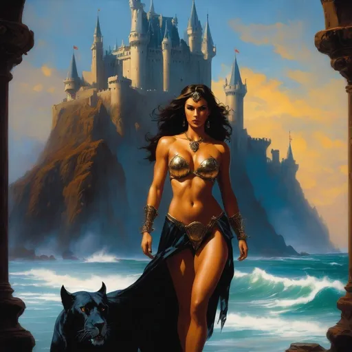 Prompt: primal goddess of the sea, muscular, perfect female figure with beast like features. Perfect face. Powerful legs. Long legs. Clawed hands. Background: Gothic sea side castle. In the style Frank Frazetta.