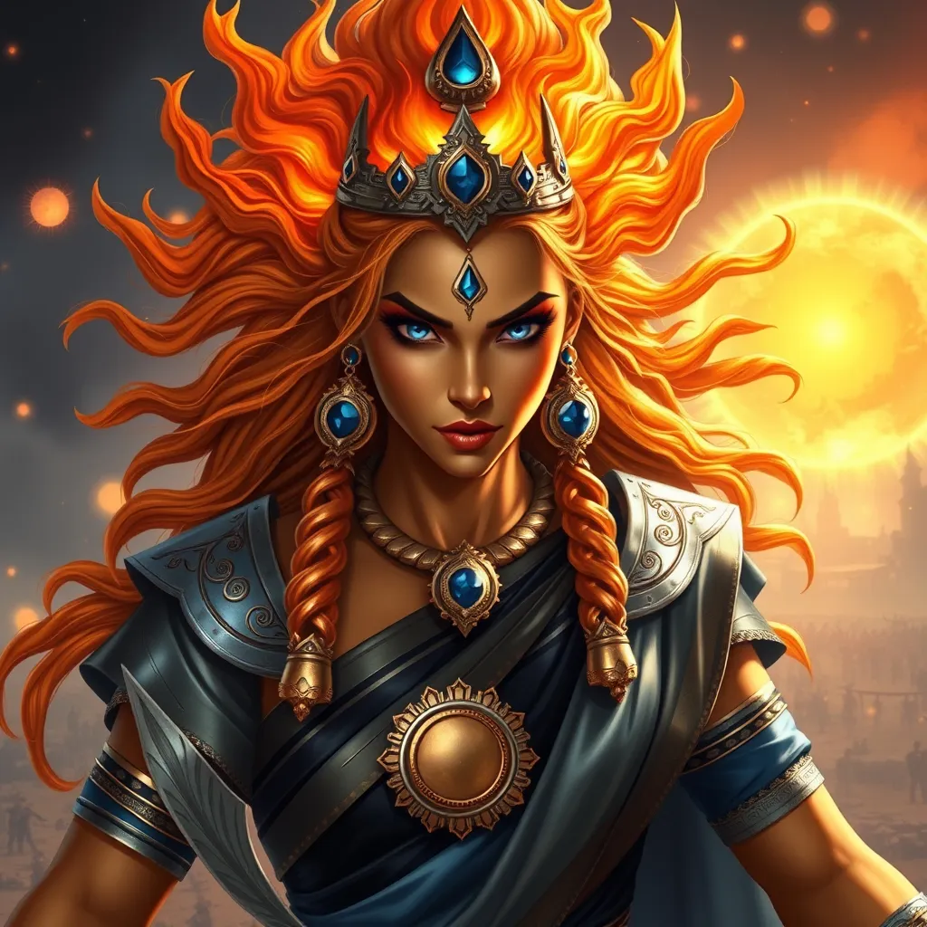 Prompt: Generate an realistic image of a fierce and powerful female royal character with golden skin, inspired by the Hindu goddess themes. Deva. She has wild glowing flaming sunset colored  hair,  and piercing sapphire blue eyes that radiate strength and wisdom. She is dressed in silver, black, and blue robes with a solar motif, ensure that her features also reflect modern beauty standards—symmetrical heart shaped face, full lips, narrow brows, long lashes, and narrow defined jaw. She wears a blend of traditional attire like a sari, but with a modern twist that makes her appearance contemporary yet still mystical. Her pose is dynamic, showing strength and grace, with a backdrop of a cosmic battlefield, symbolizing her warrior nature, but incorporating soft elements like raging suns that add a touch of beauty and divinity.