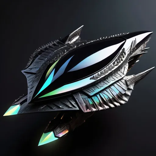 Prompt: organic arrow head shaped living bio-space ship, serrated edges, super carrier, black iridescent ablative armor