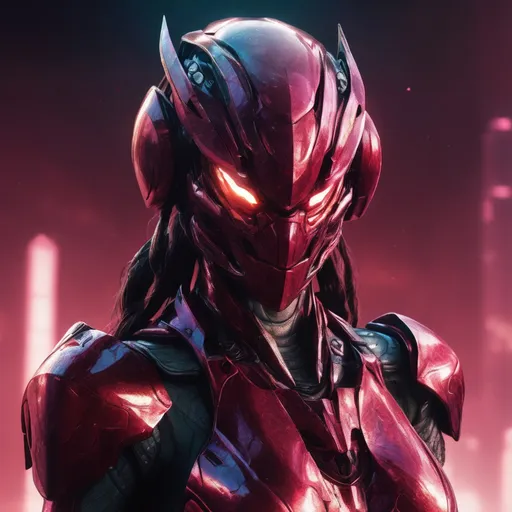 Prompt: Portrait (((symmetrical)) of an organic  living bio-armor with serrated edges, hunter killer super soldier in a crimson iridescent ablative armor, [star-field background], feminine, power suit, predator, tendril hair,  (wide view), epic, cinematic, panned out view, zoomed out
