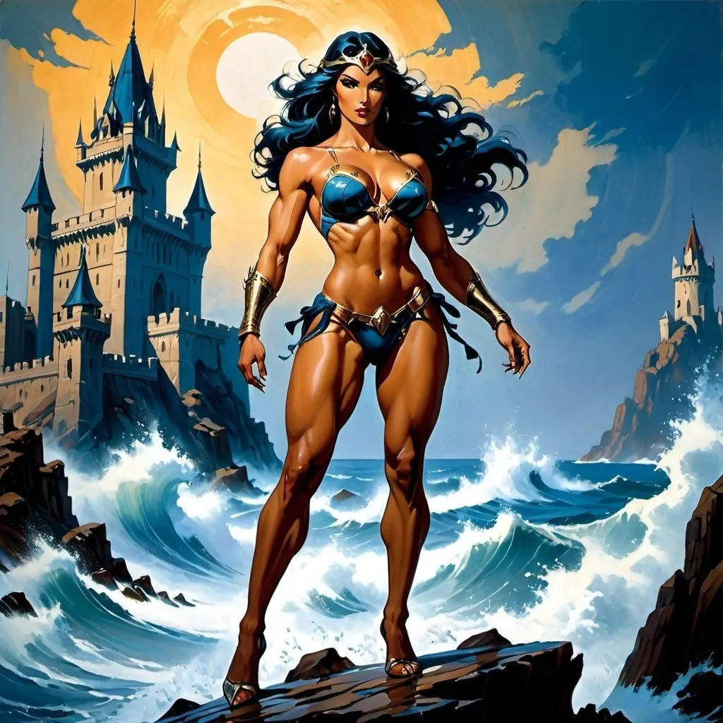 Prompt: primal goddess of the sea, muscular, perfect female figure with beast like features. Perfect face. Powerful legs. Long legs. Clawed hands. Background: Gothic sea side castle. In the style Frank Frazetta.