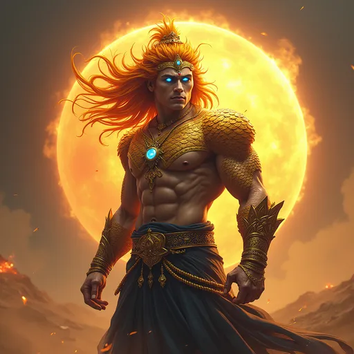 Prompt: Generate an realistic image of a fierce and powerful male imperial character with golden scales, inspired by the Hindu god themes. he has wild glowing flaming golden sunset colored  hair,  and piercing sapphire blue eyes that radiate strength and wisdom. He is dressed in silver, black, and blue robes with a solar motif, ensure that her features also reflect modern beauty standards—symmetrical heart shaped face, full lips, narrow brows, long lashes, and narrow defined jaw. he wears a blend of traditional attire like a sari, but with a modern twist that makes her appearance contemporary yet still mystical. His pose is dynamic, showing strength and grace, with a backdrop of a cosmic battlefield, symbolizing his warrior nature, but incorporating desert elements like raging suns that add a touch of beauty and divinity.