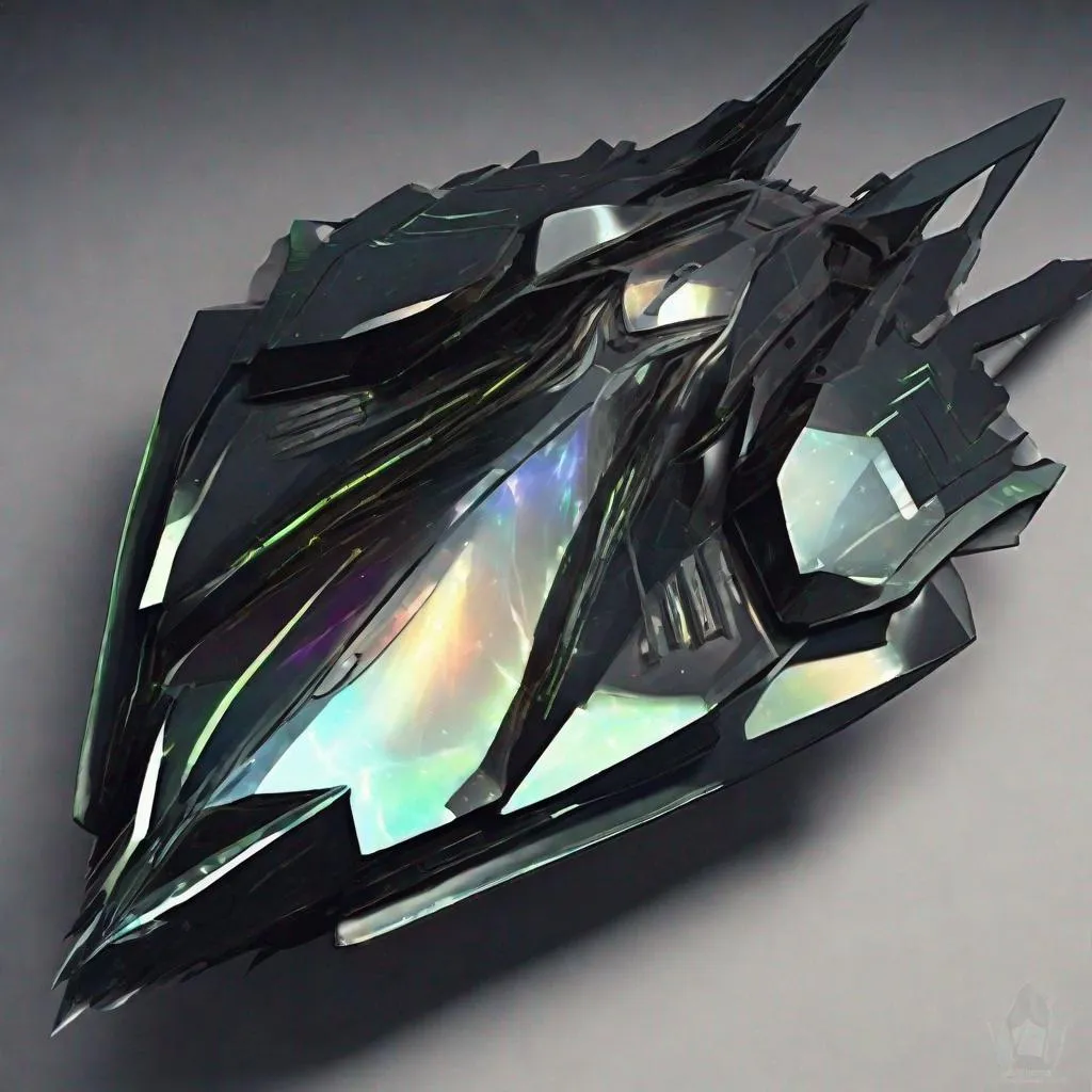 Prompt: organic arrow head shaped living bio-space ship, serrated edges, hunter killer ship, black iridescent ablative armor, warp speed