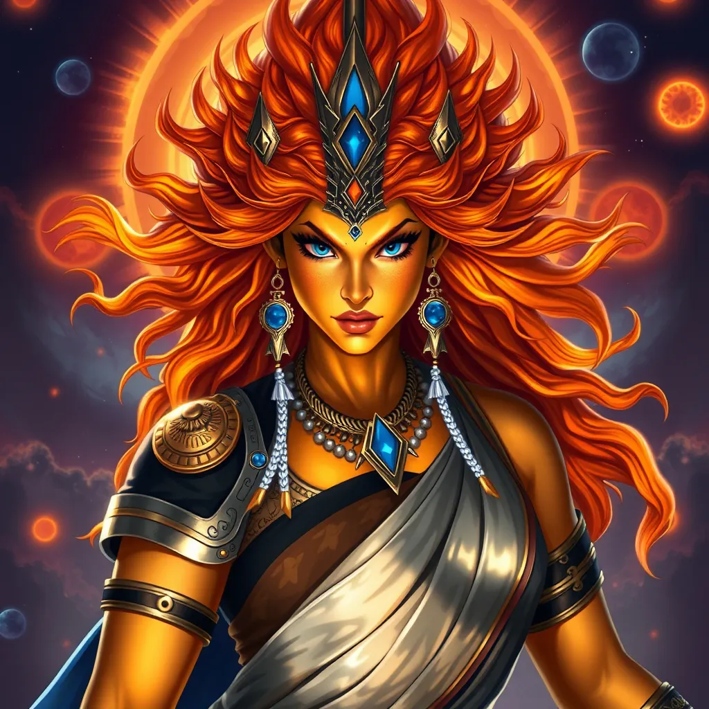 Prompt: Generate an realistic image of a fierce and powerful female royal character with golden skin, inspired by the Hindu goddess themes. Deva. She has wild glowing flaming sunset colored  hair,  and piercing sapphire blue eyes that radiate strength and wisdom. She is dressed in silver, black, and blue robes with a moon motif, ensure that her features also reflect modern beauty standards—symmetrical heart shaped face, full lips, narrow brows, long lashes, and narrow defined jaw. She wears a blend of traditional attire like a sari, but with a modern twist that makes her appearance contemporary yet still mystical. Her pose is dynamic, showing strength and grace, with a backdrop of a cosmic battlefield, symbolizing her warrior nature, but incorporating soft elements like raging suns that add a touch of beauty and divinity.