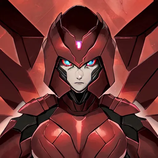 Prompt: Portrait (((symmetrical)) of an organic  living bio-armor with serrated edges, hunter killer super soldier in a crimson iridescent ablative armor, [star-field background], feminine, power suit, predator, (wide view), epic, (((cinematic))), panned out view, zoomed out
