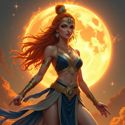 Prompt: Generate an realistic image of a fierce and powerful female royal character with golden skin, inspired by the Hindu goddess themes. Deva. She has wild glowing flaming sunset colored  hair,  and piercing sapphire blue eyes that radiate strength and wisdom. She is dressed in silver, black, and blue robes with a moon motif, ensure that her features also reflect modern beauty standards—symmetrical heart shaped face, full lips, narrow brows, long lashes, and narrow defined jaw. She wears a blend of traditional attire like a sari, but with a modern twist that makes her appearance contemporary yet still mystical. Her pose is dynamic, showing strength and grace, with a backdrop of a cosmic battlefield, symbolizing her warrior nature, but incorporating soft elements like raging suns that add a touch of beauty and divinity.