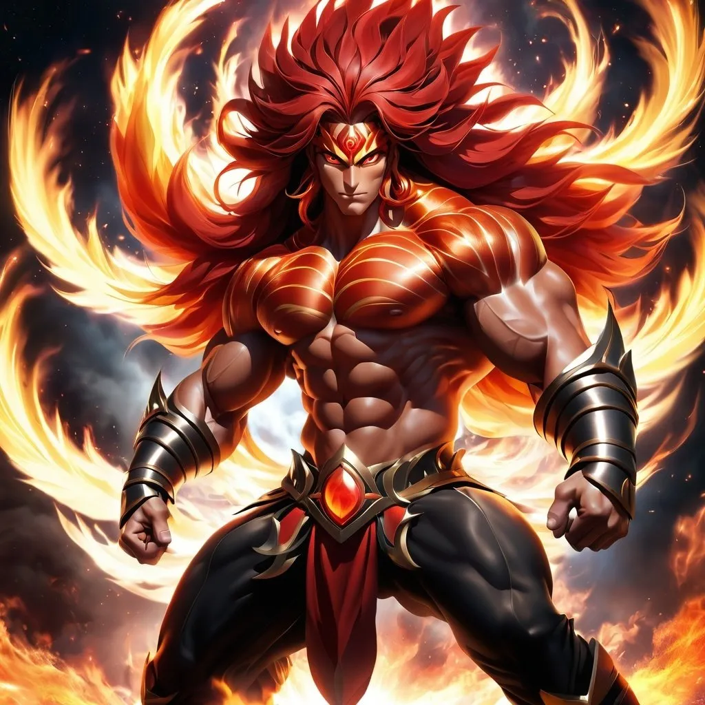 Prompt: male, {wide nasal bridge}, long bestial hair, {feral}, muscular, {red skin}, {alien}, {large eyes}, warrior, perfect face, perfect body, (radiating energy), (blazing), (fire deity), (wide angle), (epic) , (battle pose), (perfect eyes), (tan skin)