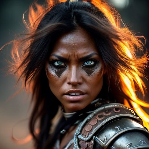 Prompt: female, {wide nasal bridge}, long bestial hair, {feral}, muscular, {red skin}, {alien}, {large eyes}, warrior, perfect face, perfect body, (radiating energy),(wide angle), (epic) , (battle pose), (perfect eyes), (tan skin), {aztec}