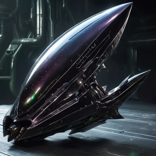 Prompt: organic arrow head shaped living bio-space ship, serrated edges, hunter killer ship, black iridescent ablative armor