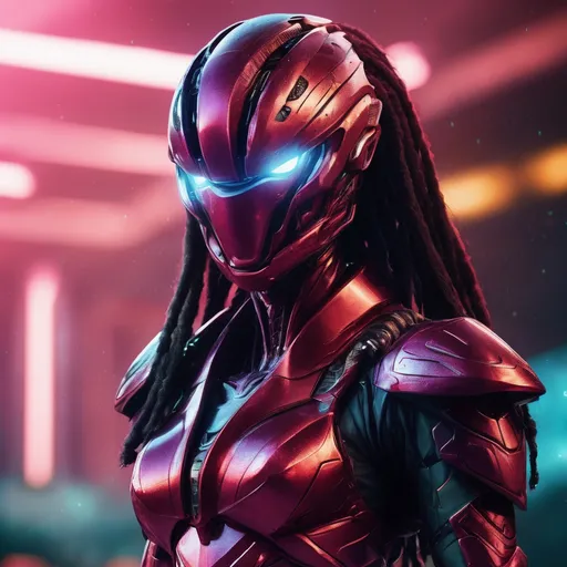 Prompt: Portrait (((symmetrical)) of an organic  living bio-armor with serrated edges, hunter killer super soldier in a crimson iridescent ablative armor, [star-field background], feminine, power suit, predator, cable like hair, (metallic dreadlocks), (wide view), epic, (((cinematic))), panned out view, zoomed out
