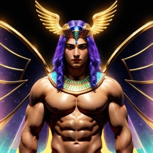 Prompt: Egyptian god of power, male, strong, powerful, glowing wings, glowing hair