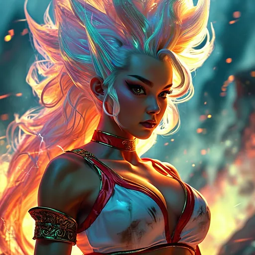 Prompt: Confident female super-Saiyan god with a sleek glowing-green long-layered haircut, and  striking brown eyes.  Flying in the air over a raging battle field. Powerful electric aura. hourglass figure. Perfect face. She has powerful athletic build. Her posture is strong and composed, exuding a sense of strength and self-assuredness.  She wears a blend of traditional attire like a sari, but with a modern twist that makes her appearance contemporary yet still mystical.