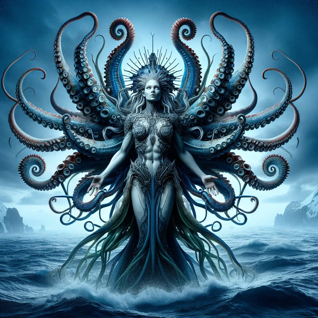 Prompt: Female monster, sea goddess from the sea with a muscular body with tentacles for wings.