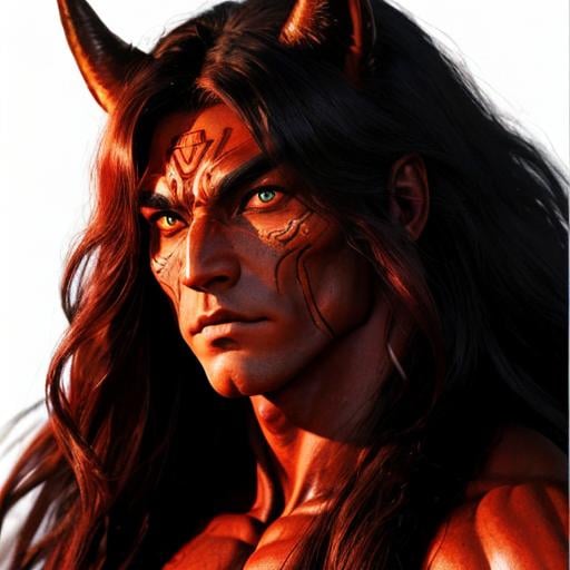 Prompt: humanoid, male, wide nasal bridge, long bestial hair, (feral), muscular, deep red skin alien, large eyes, warrior, perfect face, perfect body