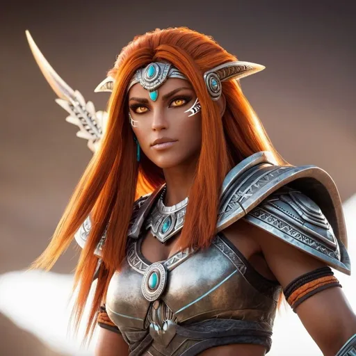 Prompt: female, {wide nasal bridge}, long bestial hair, {feral}, muscular, {orange skin}, {alien}, {large eyes}, warrior, perfect face, perfect body, (radiating energy),(wide angle), (epic) , (battle pose), (perfect eyes), (tan skin), {aztec}, {orange hair}