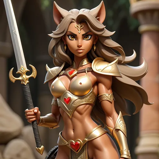 Prompt: jackal girl goddess with a heart shape face carrying a sword, hour glass figure, perfect body, perfect face, athletic, tan skin, golden armor, muscle woman, realistic