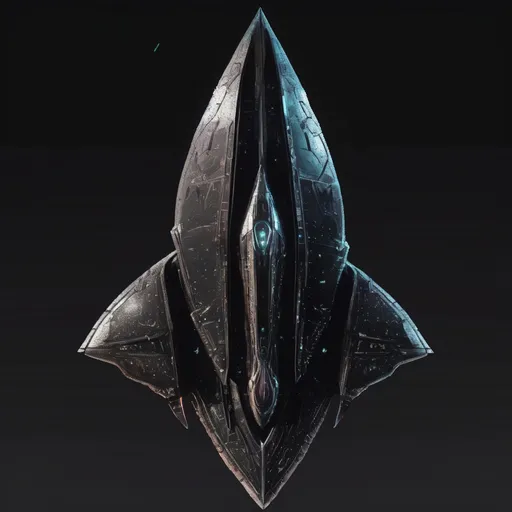 Prompt: organic arrow head shaped living bio-space ship with serrated edges, hunter killer ship covered in a black iridescent ablative armor, [black star-field background]