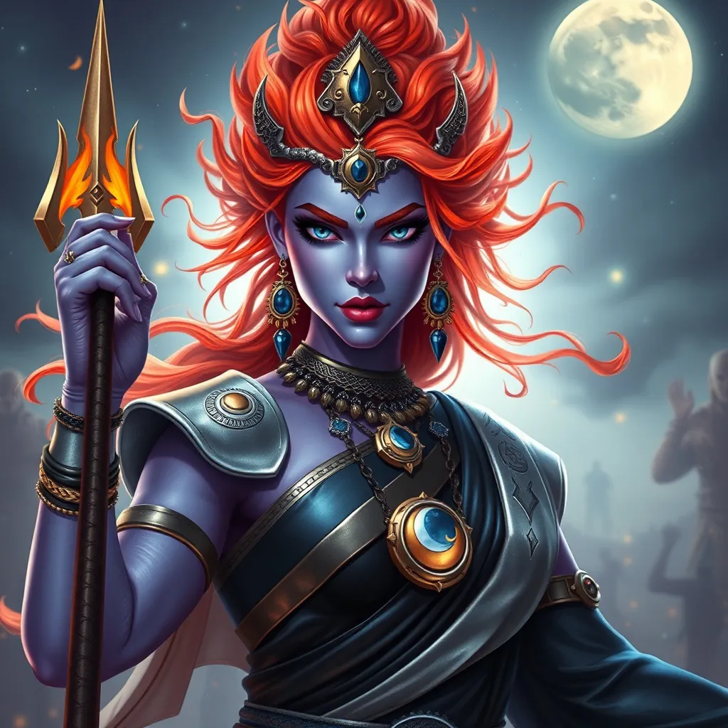 Prompt: Generate an realistic image of a fierce and powerful female royal character with lilac skin, inspired by the Hindu goddess themes. Deva. She has wild glowing flaming sunset colored  hair,  and piercing sapphire blue eyes that radiate strength and wisdom. She is dressed in silver, black, and blue robes with a moon motif, ensure that her features also reflect modern beauty standards—symmetrical heart shaped face, full lips, narrow brows, long lashes, and narrow defined jaw. She wears a blend of traditional attire like a sari, but with a modern twist that makes her appearance contemporary yet still mystical. Her pose is dynamic, showing strength and grace, with a backdrop of a cosmic battlefield, symbolizing her warrior nature, but incorporating soft elements like moonlight that add a touch of beauty and divinity.