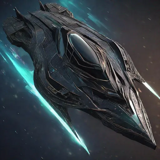 Prompt: organic arrow head shaped living bio-space ship, serrated edges, hunter killer ship, black iridescent ablative armor, warp speed background