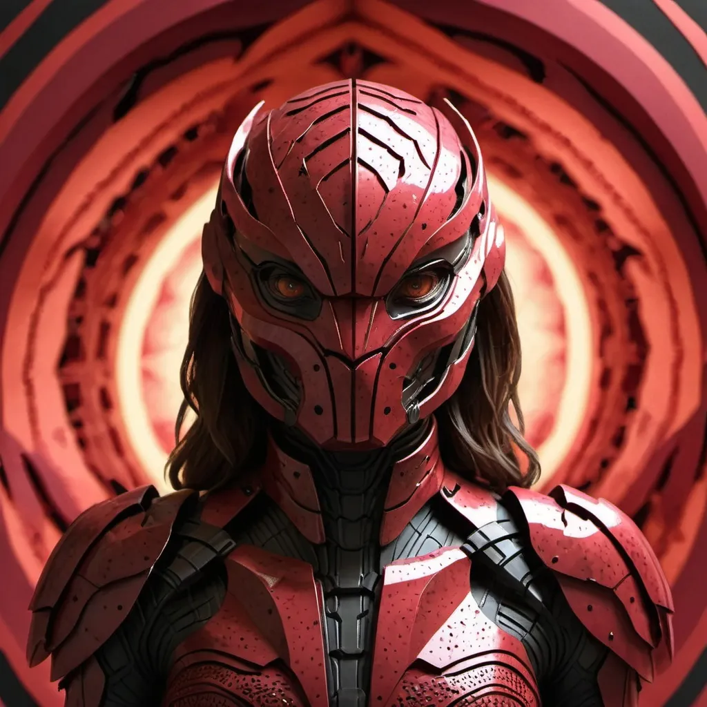 Prompt: Portrait (((symmetrical)) of an organic  living bio-armor with serrated edges, hunter killer super soldier in a crimson iridescent ablative armor, [star-field background], feminine, power suit, predator, (wide view), epic, (((cinematic))), panned out view, zoomed out
