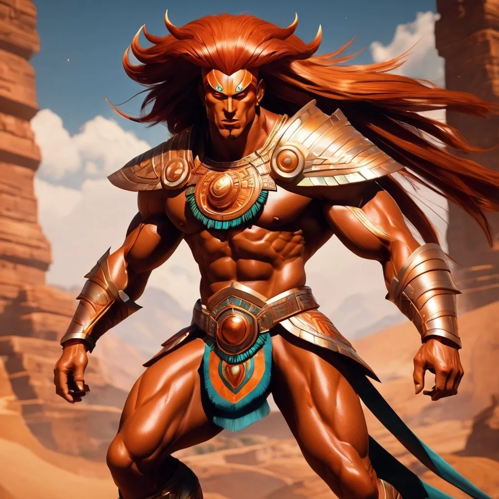 Prompt: male, {wide nasal bridge}, long bestial hair, {feral}, muscular, {orange skin}, {alien}, {large eyes}, noble warrior, perfect face, perfect body, (radiating energy),(wide angle), (epic) , (battle pose), (perfect eyes), (tan skin), {aztec}, {crimson hair}