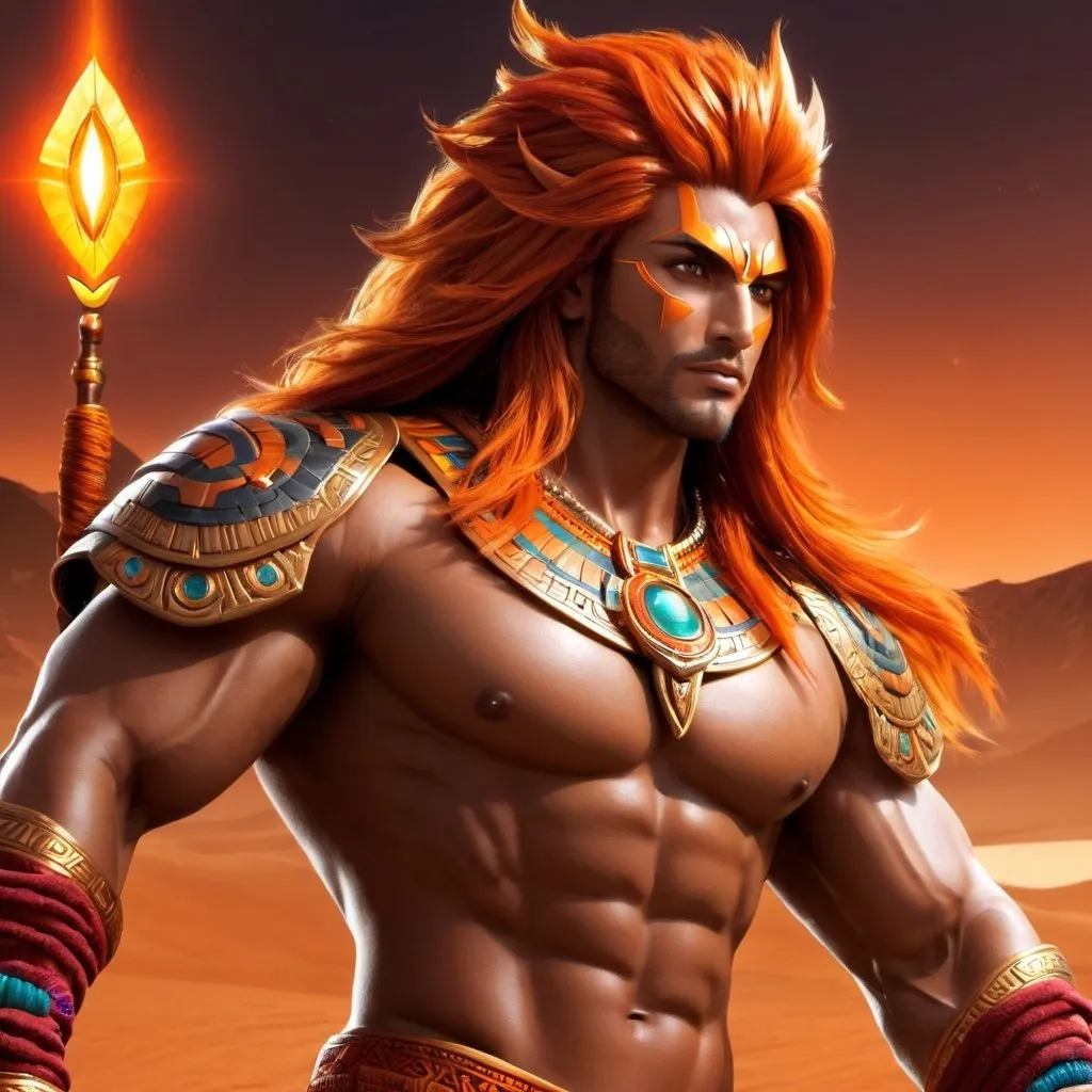 Prompt: male, {wide nasal bridge}, long bestial hair, {feral}, muscular, {orange skin}, {alien}, {large eyes}, noble warrior, perfect face, perfect body, (radiating energy),(wide angle), (epic) , (battle pose), (perfect eyes), (tan skin), {aztec}, {crimson hair}