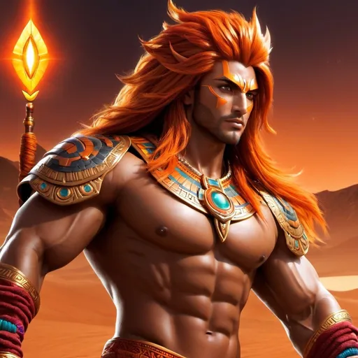 Prompt: male, {wide nasal bridge}, long bestial hair, {feral}, muscular, {orange skin}, {alien}, {large eyes}, noble warrior, perfect face, perfect body, (radiating energy),(wide angle), (epic) , (battle pose), (perfect eyes), (tan skin), {aztec}, {crimson hair}