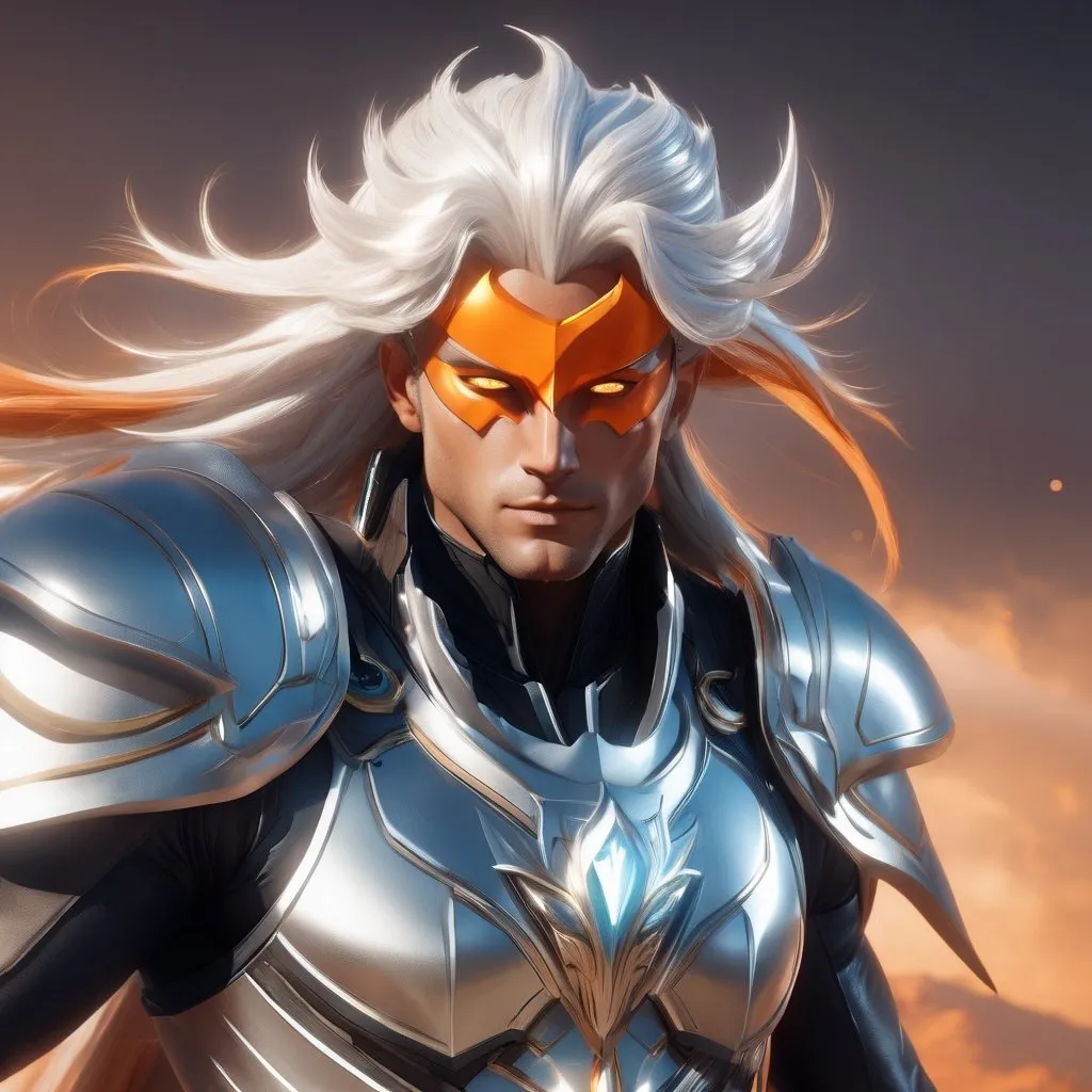 Prompt: male, {wide nasal bridge}, long bestial hair, {feral}, muscular, {orange skin}, {alien}, {large eyes}, noble warrior, perfect face, perfect body, (radiating energy),(wide angle), (epic) , (battle pose), (perfect eyes), (tan skin), {Nordic}, {white hair}