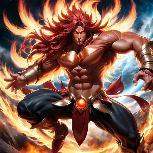 Prompt: male, {wide nasal bridge}, long bestial hair, {feral}, muscular, {red skin}, {alien}, {large eyes}, warrior, perfect face, perfect body, (radiating energy), (blazing), (fire deity), (wide angle), (epic) , (battle pose), (perfect eyes), (tan skin)