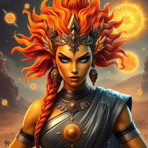 Prompt: Generate an realistic image of a fierce and powerful female royal character with golden skin, inspired by the Hindu goddess themes. Deva. She has wild glowing flaming sunset colored  hair,  and piercing sapphire blue eyes that radiate strength and wisdom. She is dressed in silver, black, and blue robes with a solar motif, ensure that her features also reflect modern beauty standards—symmetrical heart shaped face, full lips, narrow brows, long lashes, and narrow defined jaw. She wears a blend of traditional attire like a sari, but with a modern twist that makes her appearance contemporary yet still mystical. Her pose is dynamic, showing strength and grace, with a backdrop of a cosmic battlefield, symbolizing her warrior nature, but incorporating desert elements like raging suns that add a touch of beauty and divinity.