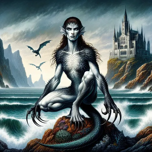 Prompt: primal huntress of the sea, muscular, perfect female figure with beast like features.Perfect face. Powerful legs. Long legs. Clawed hands. Black hair. White skin. Background: Gothic sea side castle. In the style Frank Frazetta.