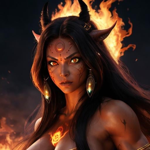 Prompt: humanoid, female, {wide nasal bridge}, long bestial hair, {feral}, muscular, {red skin}, {alien}), {large eyes}, warrior, perfect face, perfect body, (radiating energy), (blazing), (fire deity), (wide angle), (epic) , (battle pose), (perfect eyes), (scifi)